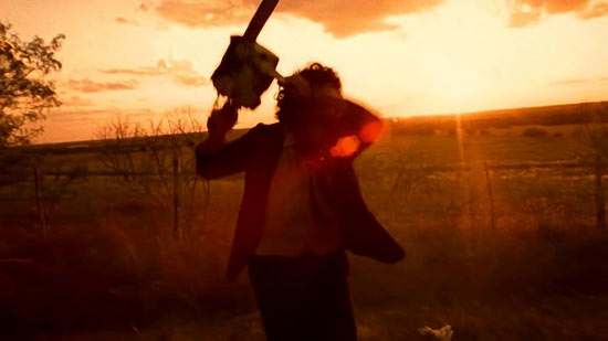 Leatherface weilding a chainsaw in The Texas Chainsaw Massacre 1974