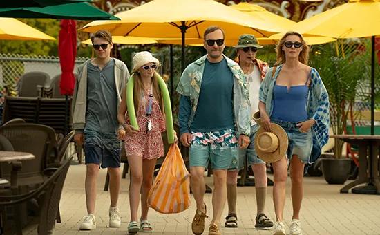 (from left) Brady Mansell (Gage Munroe), Sammy Mansell (Paisley Cadorath), Hutch Mansell (Bob Odenkirk), David Mansell (Christopher Lloyd) and Becca Mansell (Connie Nielsen) in Nobody 2, directed by Timo Tjahjanto.